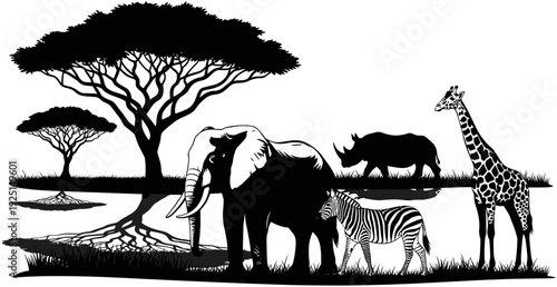 African safari wildlife silhouettes set, elephant giraffe zebra rhino animals in savanna landscape with acacia trees, wilderness nature conservation, jungle zoo,