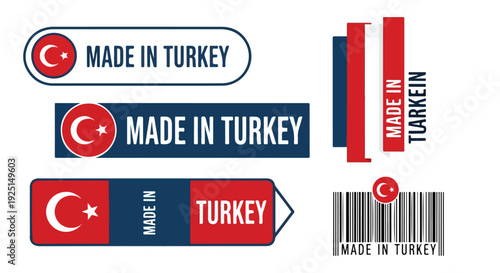 Set of 5 Made in Turkey product labels and barcode vector
