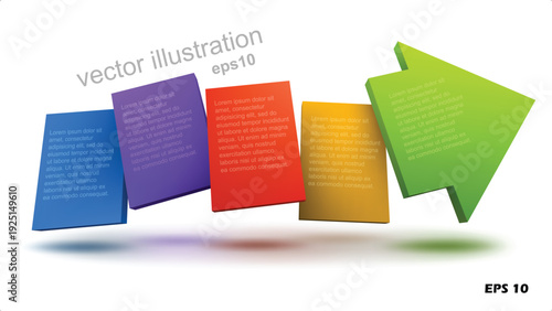 3D Isometric Process Infographic. Vector Illustration of Four Colorful Rectangular Blocks Leading to a Large Green Arrow Tip