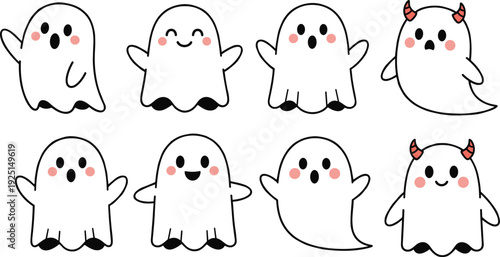 Cute ghost cartoon character vector set with funny expressions, kawaii Halloween spirits illustrations for stickers, kids design, party decor, apps, and seasonal projects