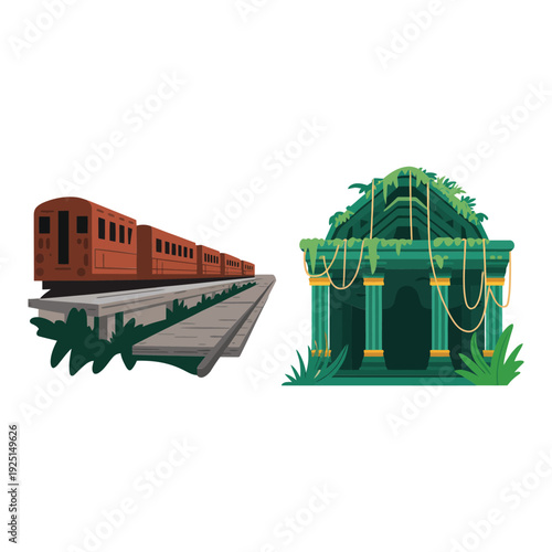 Haunted greenhouse and vintage trolley illustration, halloween attraction branding, spooky garden exhibit, ghost tour session signage, autumn festival vector set