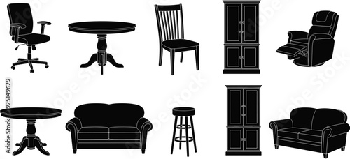 Home and office furniture silhouettes set, interior decor collection, comfortable living room seating, workspace desk and chairs, classic wooden table, upholstery,