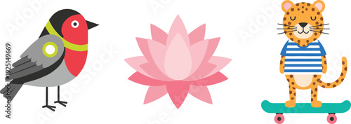 Cute cartoon vector illustration set with bird, lotus flower and tiger on skateboard, playful animal and nature characters isolated on white for kids design