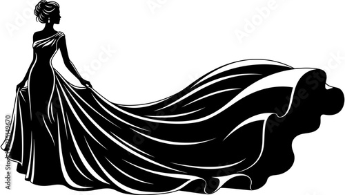 Elegant bride silhouette in long flowing wedding dress, luxury bridal gown fashion, romantic celebration, sophisticated evening formal wear, marriage event, stylish,