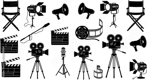 Film production equipment silhouettes set, movie making tools collection, cinema industry icons, video camera and director chair, professional filmmaking gear,