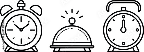 Illustration-of-two-alarm-clocks-and-a-silver-serving-tray-with-lid