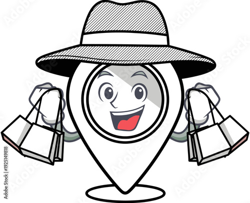 Map pointer location pin character shopping with bags, retail commerce travel destination, local shop finder mascot, store location navigator icon, discount buyer,