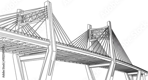 Modern cable-stayed bridge in black and white line art, showcasing geometric architectural shapes for engineering design