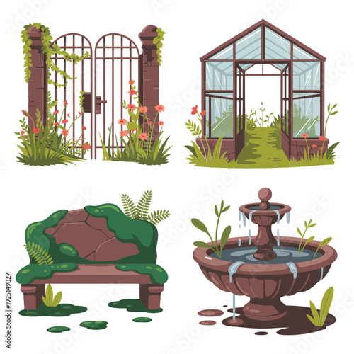 Victorian garden gates, greenhouse, bench and fountain, open garden weekend branding, romantic photoshoot session props, wedding venue marketing vector
