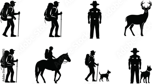 Outdoor recreation silhouettes set, hikers with backpacks, park ranger and police officer, horse riding and deer hunting, mountain trekking adventure, forest wildlife,