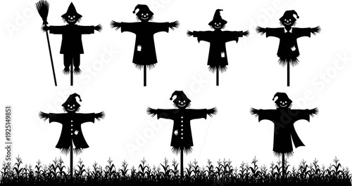 Scarecrow silhouettes set in cornfield, spooky Halloween farm decor, traditional garden guardian, autumn harvest celebration, rustic agricultural bird repellent, creepy straw figure,