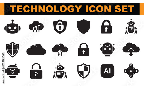 A collection of black technology icons on a white background with orange and black header