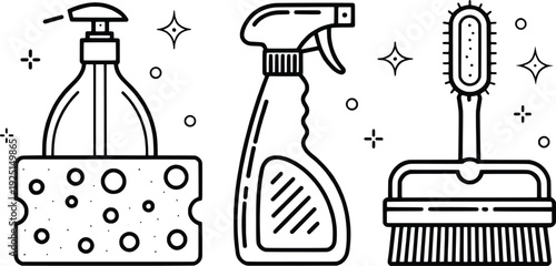 Illustration-of-cleaning-supplies-including-spray-bottle-and-brush
