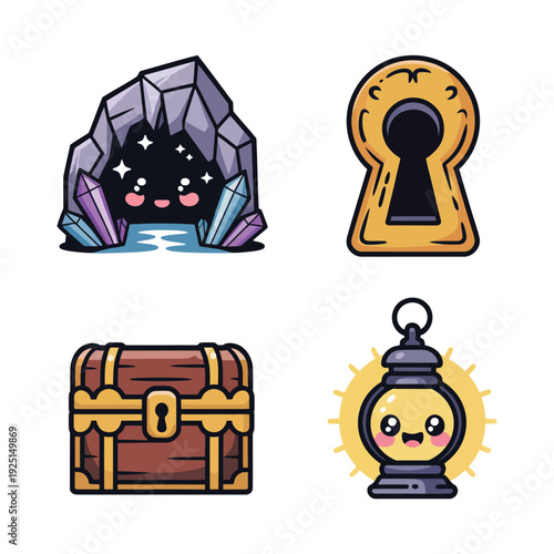 Cave crystal entrance, keyhole symbol, treasure chest and lantern icons, escape room challenge poster, puzzle quest session vector illustration