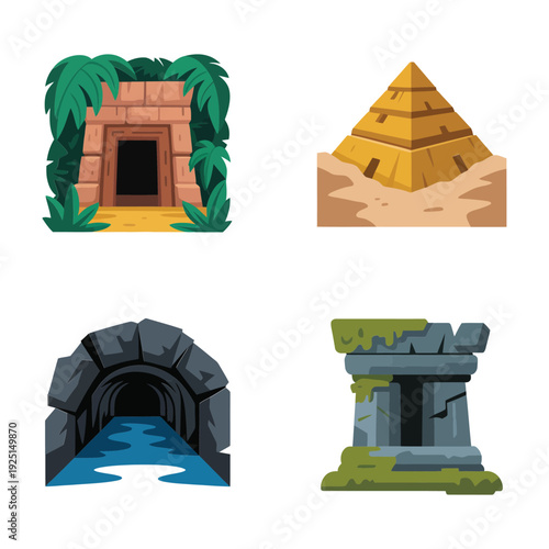 Jungle temple doorway and mountain pyramid icons, expedition trail map poster, adventure tourism session, archaeology travel festival vector set