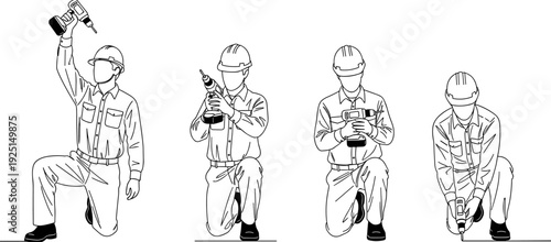 Construction worker using electric drill line art, professional handyman kneeling, industrial building maintenance, repairman with power tools, technician at work,