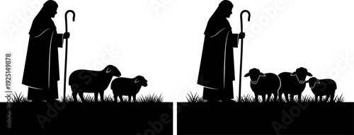 Shepherd silhouette tending sheep in field, traditional livestock farming, pastoral landscape, rural agriculture, biblical shepherd illustration, herd management, countryside nature,
