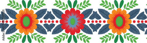 Traditional folk floral border vector illustration with colorful flowers and leaves, decorative ethnic pattern design inspired by cultural ornament for textile, wallpaper and decorative use