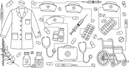 Medical equipment line art collection, healthcare professional tools, laboratory supplies, medicine and hospital icons, clinical items, pharmaceutical health care elements, first aid,