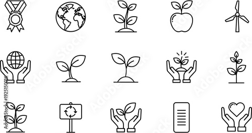 Green ecology line icon set, environmental sustainability symbols, nature conservation icons, renewable energy, eco friendly growth, earth protection, organic farming, bio.