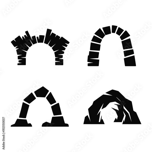 Ancient arch ruin silhouettes collection, broken gateways and cavern openings, dramatic fantasy map markers for adventure module, exploration game design
