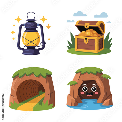 Lantern and treasure chest near jungle cave entrances with waterfall, explorer icons for treasure hunt poster, kids camp adventure design