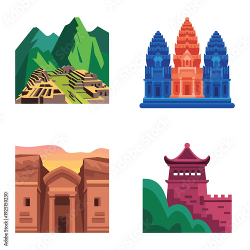 World heritage landmark vector collection with mountain fortress, sandstone temple, coastal shrine, sacred towers, travel education poster, history festival design