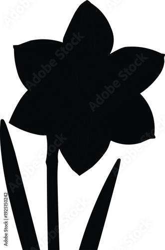 described features a black silhouette of a daffodil blossom, complete with a slender stem and two leaves, all set against a clean white background. This high-contrast design emphasizes the elegant for