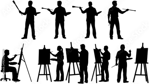 Artist silhouette collection set, painters working on canvas with brushes, creative art studio people, flat vector illustrations, isolated professional painters.