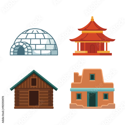 Traditional houses around world vector set with igloo, pagoda, log cabin and adobe home, culture study poster, tourism education design