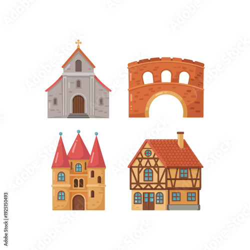 European medieval village buildings vector set with chapel, archway and timber houses, history festival poster, renaissance fair, cultural tourism design