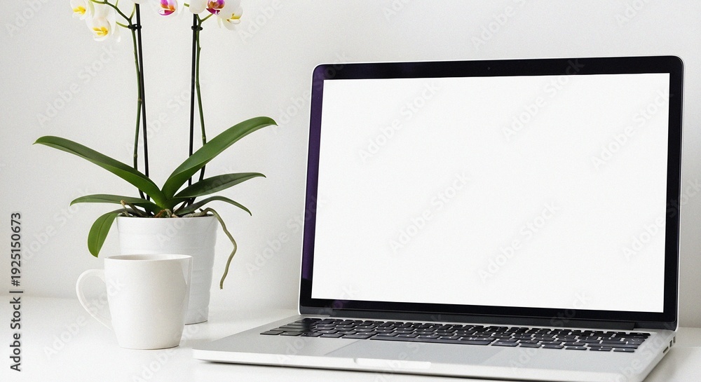 Fototapeta premium Modern Laptop Computer Displaying Blank White Screen on Clean White Minimalist Desk with Orchid Plant Serene Bright Home Office Scene