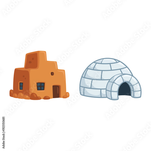 Traditional houses icons with desert adobe home and arctic igloo, cultural architecture diversity set for geography lessons and travel