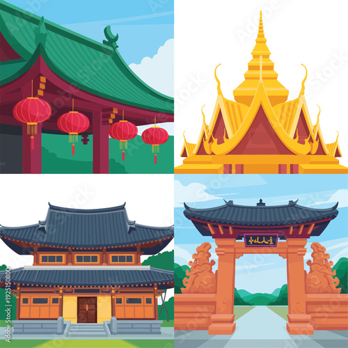 East Asian temple complex illustrations featuring red pavilion, golden spire, lantern columns and decorative roofs, tourism poster elements, cultural heritage