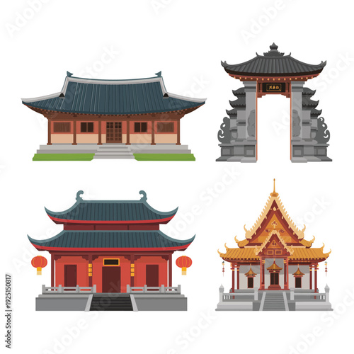 Asian temple architecture vector set for lunar new year festival, cultural heritage tour, gate entrance, pagoda, traditional courtyard illustration