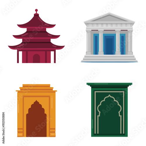 Pagoda tower and classical pavilion icons for autumn moon festival, zen retreat poster, heritage celebration, tourism brochure, elegant architecture illustration