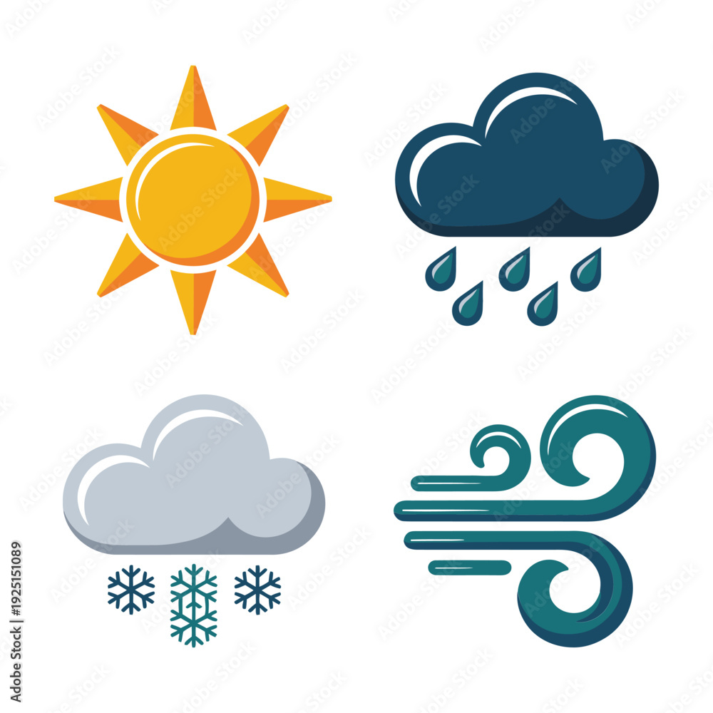 Fototapeta premium Seasonal weather icon set with sun, rain cloud, snow cloud and wind, cartoon climate vector for forecast, education, app design