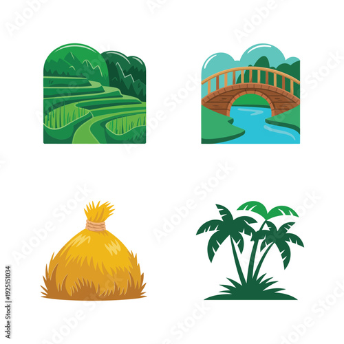 Green hills, rustic bridge, palm tree and harvest haystack icons for eco travel poster, summer holiday banner, countryside illustration design