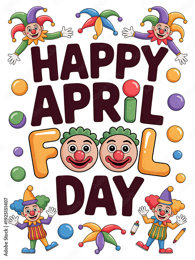 Fototapeta premium Playful illustration celebrating April Fool's Day with silly clowns, colorful balloons, and bouncy balls, festive and funny.