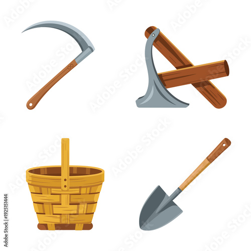 Rural harvest tools collection with sickle hoe basket and garden shovel, agriculture icon set for farming season poster design