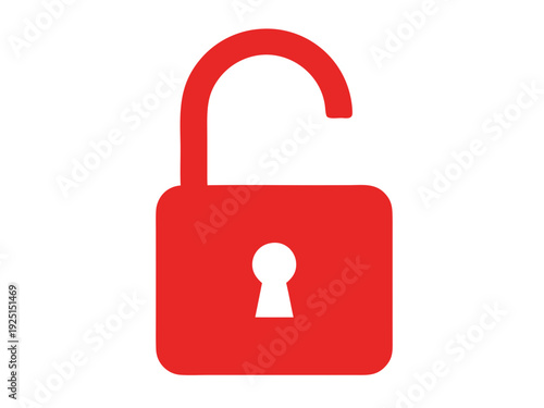 A bold red open padlock icon signifying granted digital access and the removal of security restrictions for private systems isolated on transparent background.