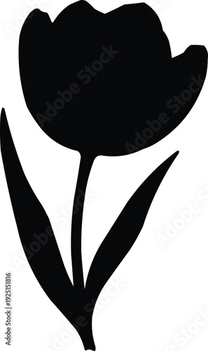 described features a black silhouette of a tulip flower set against a stark white background, creating a strong visual contrast that highlights the flower's elegant form.