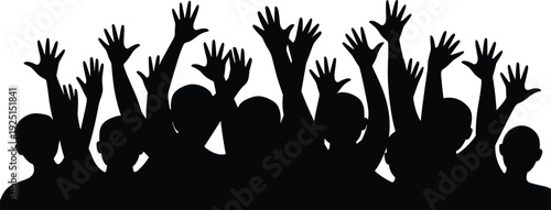 Silhouette of people raising hands, unity, participation, enthusiasm, collective response, voting, volunteering, public gathering, vector illustration, black silhouette