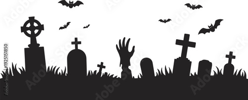 Spooky graveyard silhouette, Halloween illustration, zombie hand rising, bats flying, horror scene, eerie atmosphere, vector art, black silhouette, isolated