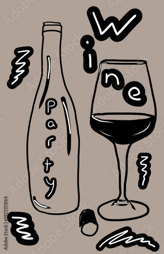 Bold graphic illustration of a wine bottle and glass with party text for night club and holiday event promotion.