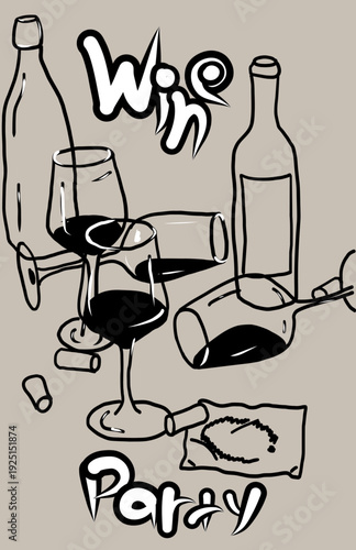 Minimalist line art illustration of wine bottles and glasses with party lettering for celebration and event themes.