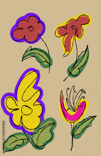 Set of simple colorful hand drawn flowers and leaves for spring and summer decorative design projects.