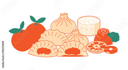 Chinese new year food collection with oranges dumplings