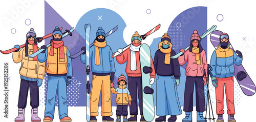 Group of Skiers and Snowboarders in Winter Sportswear Flat Vector Illustration Team of People with Skis and Snowboards Snow Adventure Lifestyle Concept Design