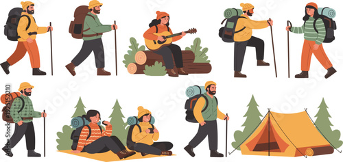 Hikers and Campers Outdoor Adventure Flat Vector Illustration Set with Backpackers Walking, Resting, Playing Guitar, and Camping in Nature Travel Lifestyle Collection
